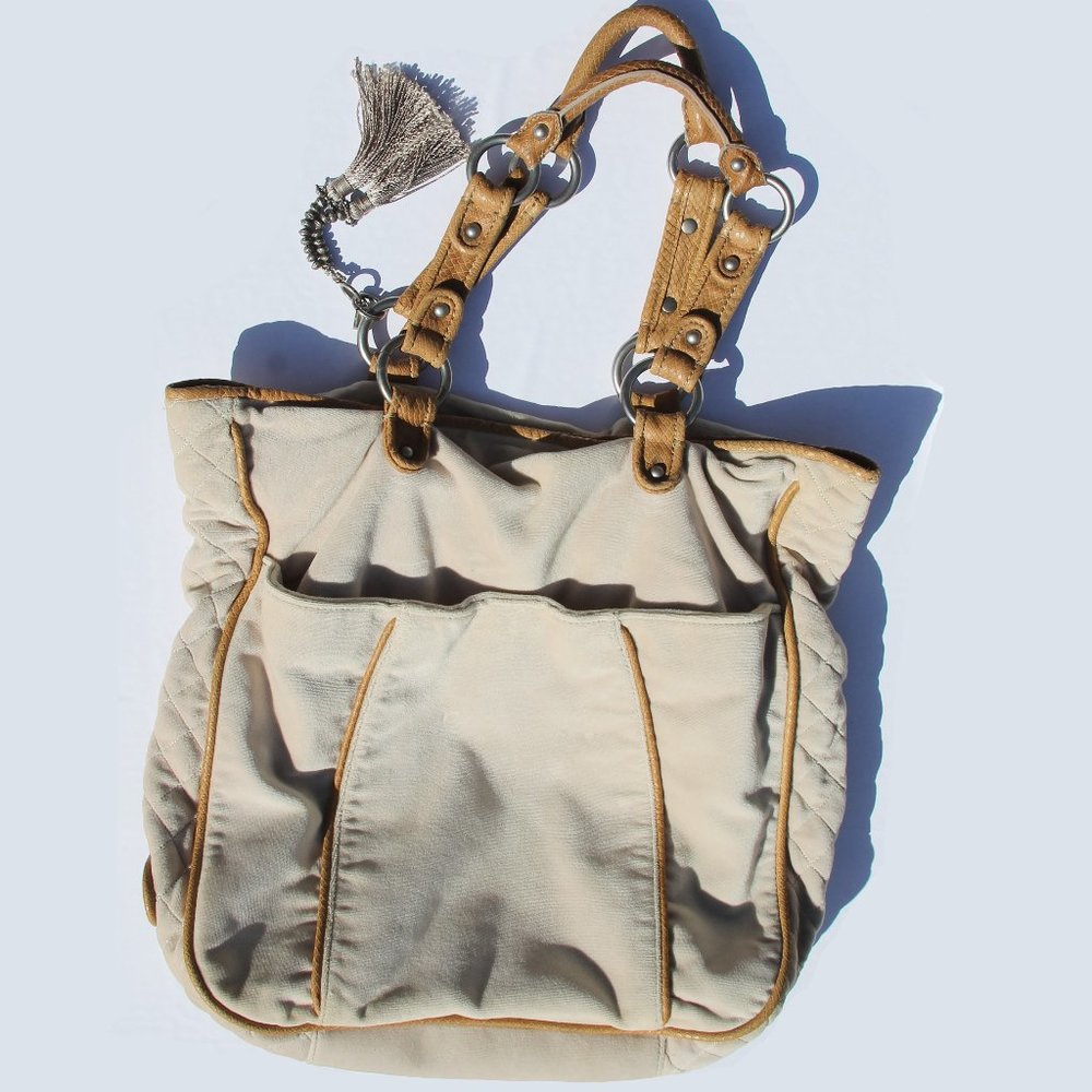 JUICY COUTURE Beige Velour Satchel, Large, Rhinestones, Tassel, Gently Used